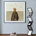 Portrait Painting of Woman Back View with Headscarf Bag Sea and Flying Birds