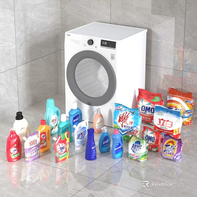 Household Laundry Cleaning Supplies With Washing Machine Liquid And Powder Detergents 3d model 