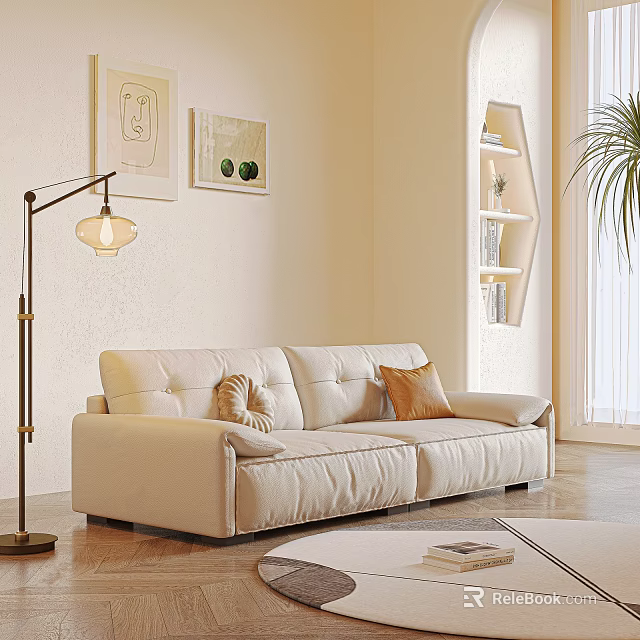 Modern Beige Two Seater Sofa In Living Room With Throw Pillows And Floor Lamp 3d model 