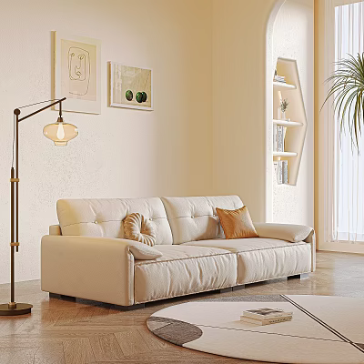 Modern Beige Two Seater Sofa In Living Room With Throw Pillows And Floor Lamp 3d model