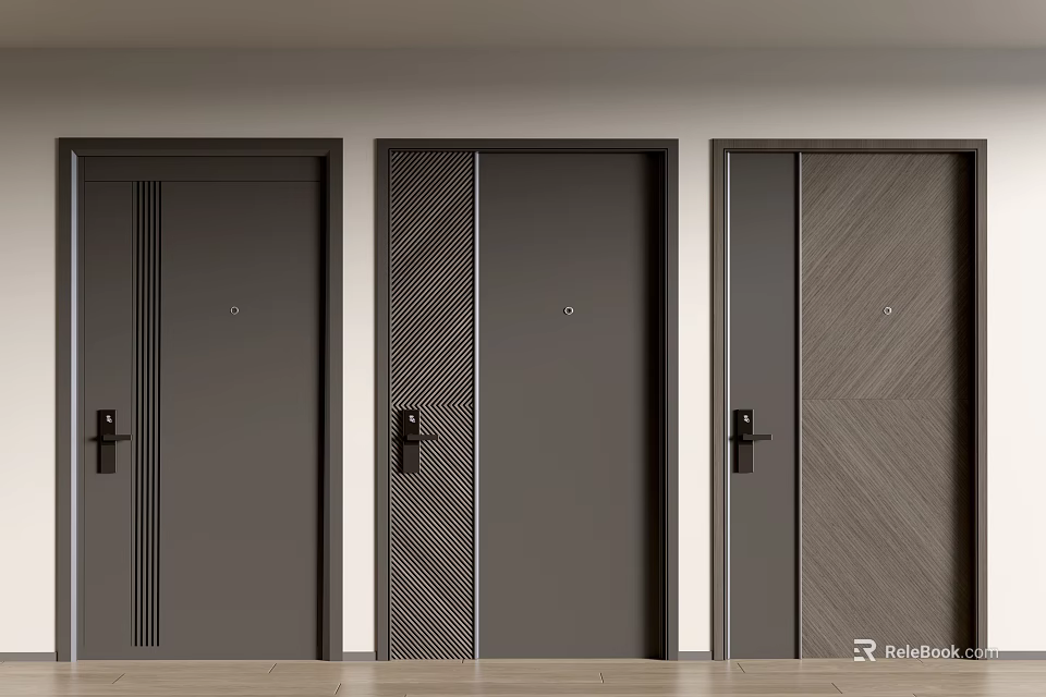 Modern Hinged Doors in Dark Gray and Wood Tone with Textured Patterns and Sleek Handles 3d model 