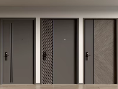 Modern Hinged Doors in Dark Gray and Wood Tone with Textured Patterns and Sleek Handles 3d model