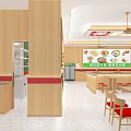 Chongqing Noodles Restaurant Green Wooden Interior With Order Counter Red Stools Menu Posters Ceiling Fans