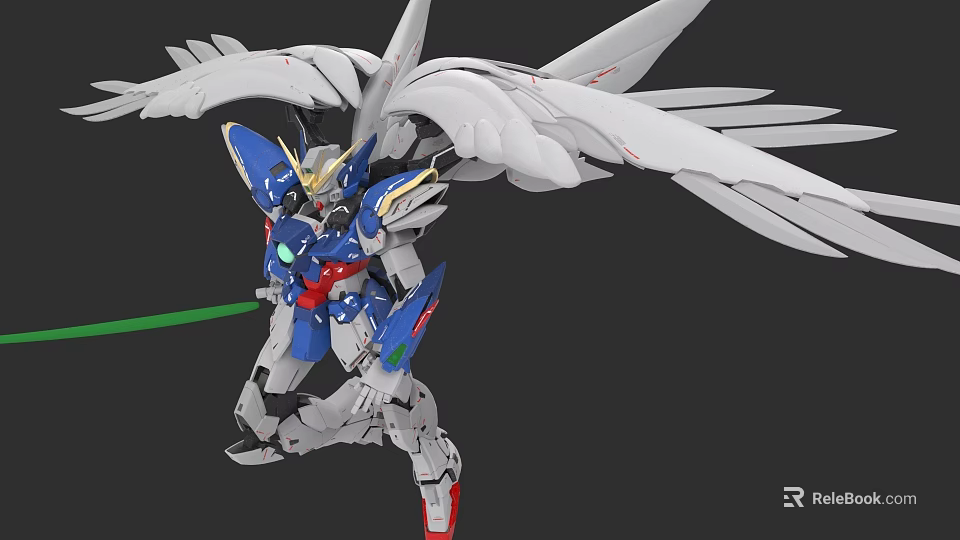 Electric Toy Robot With White Wings Blue Red Body And Green Light Sword 3d model 