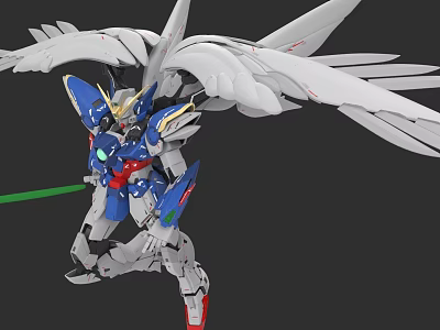Electric Toy Robot With White Wings Blue Red Body And Green Light Sword 3d model