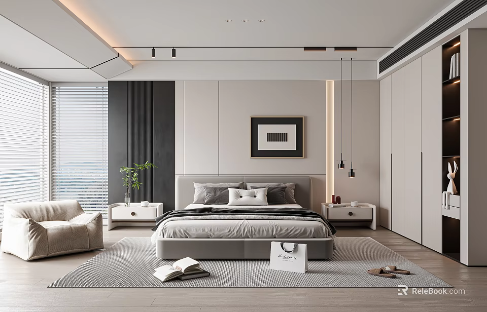 Modern Bedroom Interior Design With Grey Pillows Armchair Window Plant And Wooden Floor 3d model 
