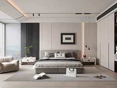 Modern Bedroom Interior Design With Grey Pillows Armchair Window Plant And Wooden Floor 3d model