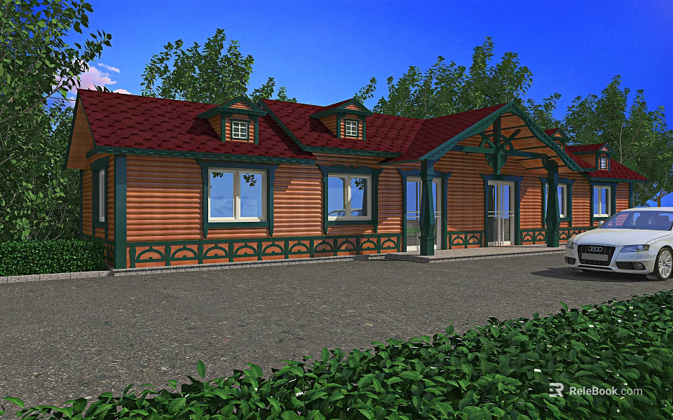 Wooden House With Red Roof And Wooden Exterior Green Trees Driveway And White Car 3d model 