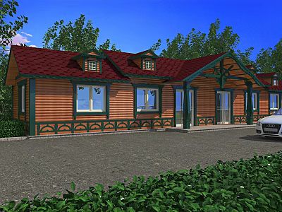Wooden House With Red Roof And Wooden Exterior Green Trees Driveway And White Car 3d model