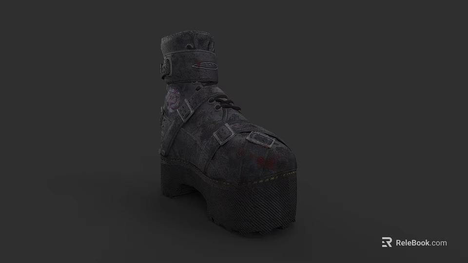 Industrial Style Distressed Leather High Top Boots With Straps Buckles And Thick Sole 3d model 
