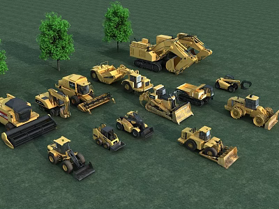 Different Types of Yellow Construction Vehicles on Green Grass Field with Trees 3d model