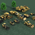 Different Types of Yellow Construction Vehicles on Green Grass Field with Trees