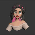 3D Female Character with Dark Hair Pink Headband Green Eyes White Shoulderless Top Dark Background