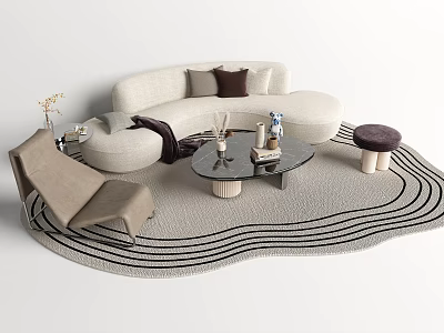 Modern Beige Sofa And Round Coffee Table Set With Striped Rug Armchair And Decorative Pillows 3d model