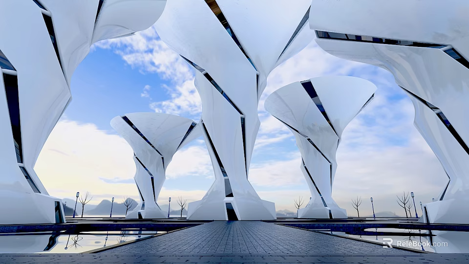 Modern White Streamlined Urban Architecture With Sail Shaped Structures Blue Sky Water Pool Paved Pavement 3d model 