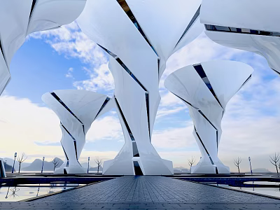 Modern White Streamlined Urban Architecture With Sail Shaped Structures Blue Sky Water Pool Paved Pavement 3d model