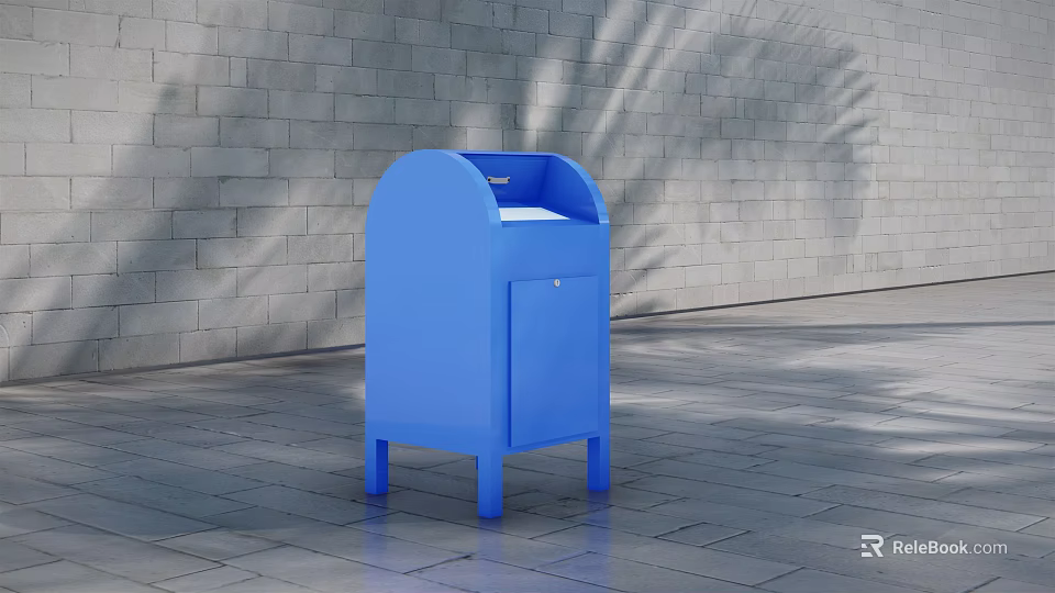 Blue Commercial Equipment With Mail Slot And Door On Paved Ground Against Gray Brick Wall 3d model 