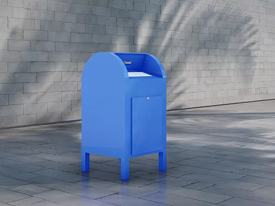 Blue Commercial Equipment With Mail Slot And Door On Paved Ground Against Gray Brick Wall 3d model