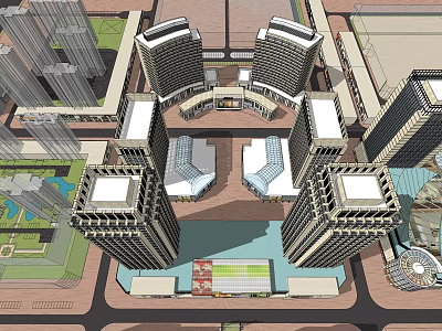 Urban Commercial Complex Featuring High Rise Buildings And Central Plaza Design 3d model