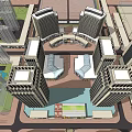 Urban Commercial Complex Featuring High Rise Buildings And Central Plaza Design