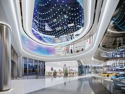 Modern Spacious Interior Design With Curved Ceiling Lighting And Glass Walls 3d model