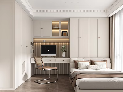 Modern Tatami Bedroom Interior Design With White Cabinets Desk Chair And Wooden Floor 3d model