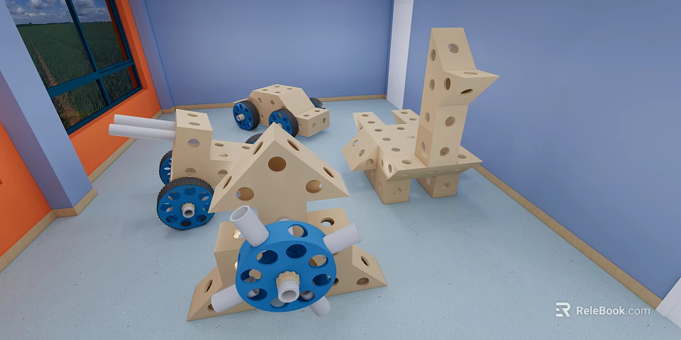 Colorful Building Blocks of Various Shapes with Holes Blue Wheels and White Tubes Assembled Structures 3d model 