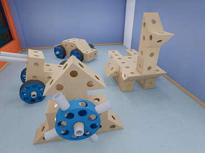 Colorful Building Blocks of Various Shapes with Holes Blue Wheels and White Tubes Assembled Structures 3d model