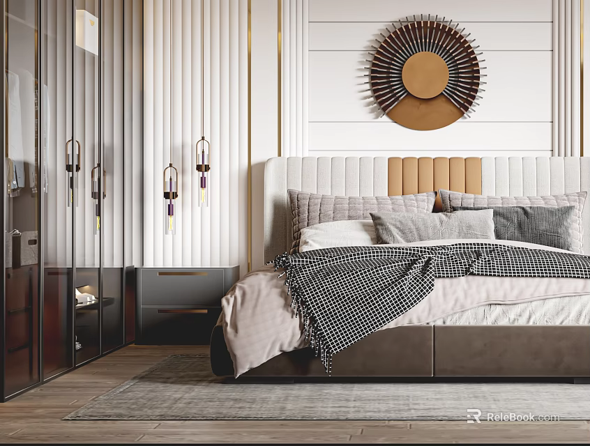 Modern Elegant Bedroom Interior With Circular Wall Decor Upholstered Headboard And Wooden Wardrobe 3d model 