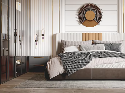 Modern Elegant Bedroom Interior With Circular Wall Decor Upholstered Headboard And Wooden Wardrobe 3d model