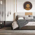 Modern Elegant Bedroom Interior With Circular Wall Decor Upholstered Headboard And Wooden Wardrobe