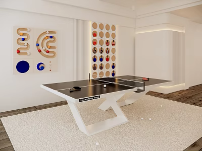 Modern Indoor Sports Equipment Table Tennis Table With White Design And Colorful Circular Wall Decor 3d model