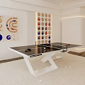 Modern Indoor Sports Equipment Table Tennis Table With White Design And Colorful Circular Wall Decor