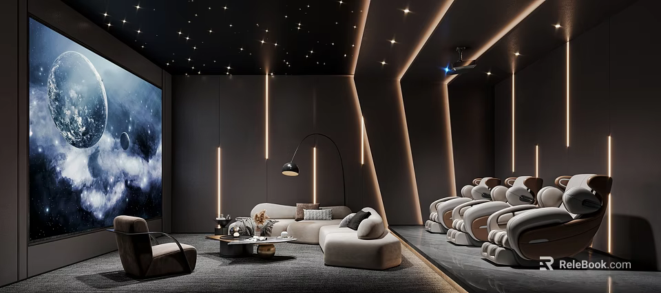 Modern Home Theater Interior Design With Starry Ceiling Large Screen And Comfortable Seating 3d model