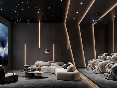 Modern Home Theater Interior Design With Starry Ceiling Large Screen And Comfortable Seating 3d model