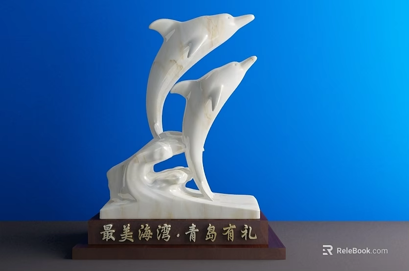 White Dolphin Sculpture Carving With Wave Base And Qingdao Bay Souvenir 3d model 