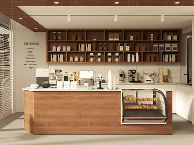 Modern Café Interior Featuring Wooden Counter Shelves Coffee Machines And Pastry Display Case 3d model