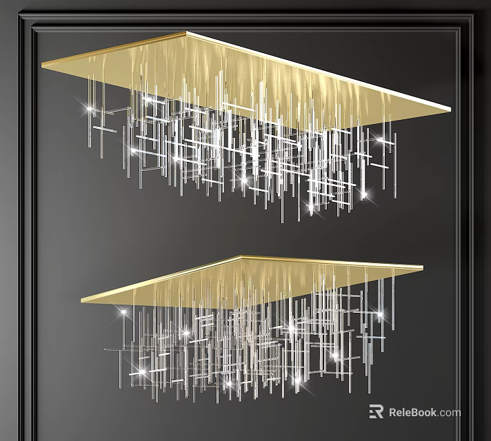 Modern Crystal Chandeliers With Golden Square Base And Hanging Crystal Strips 3d model 