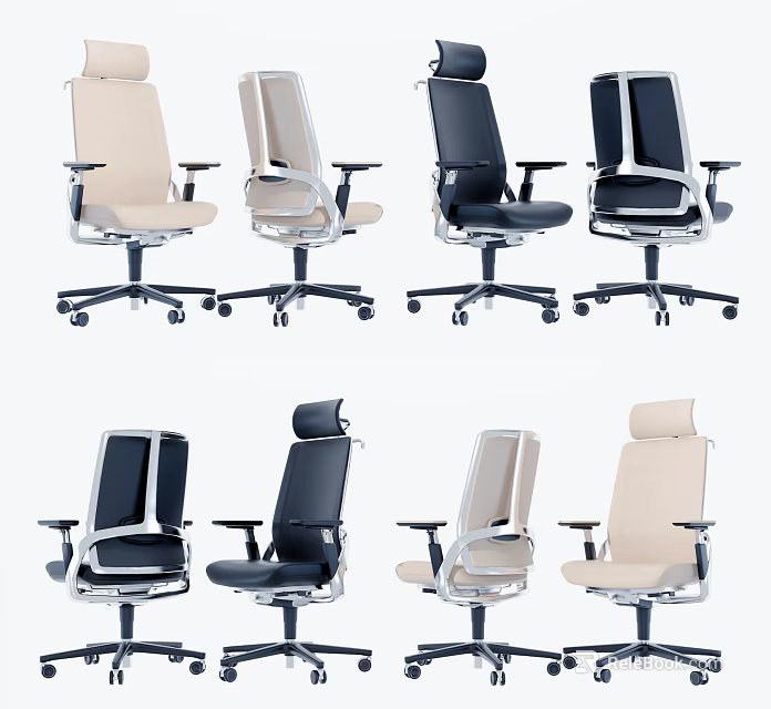 Modern Ergonomic Office Chairs In Black And Beige With Adjustable Armrests 3d model