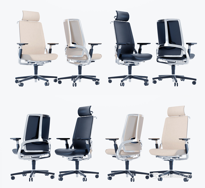 Modern Ergonomic Office Chairs In Black And Beige With Adjustable Armrests 3d model 