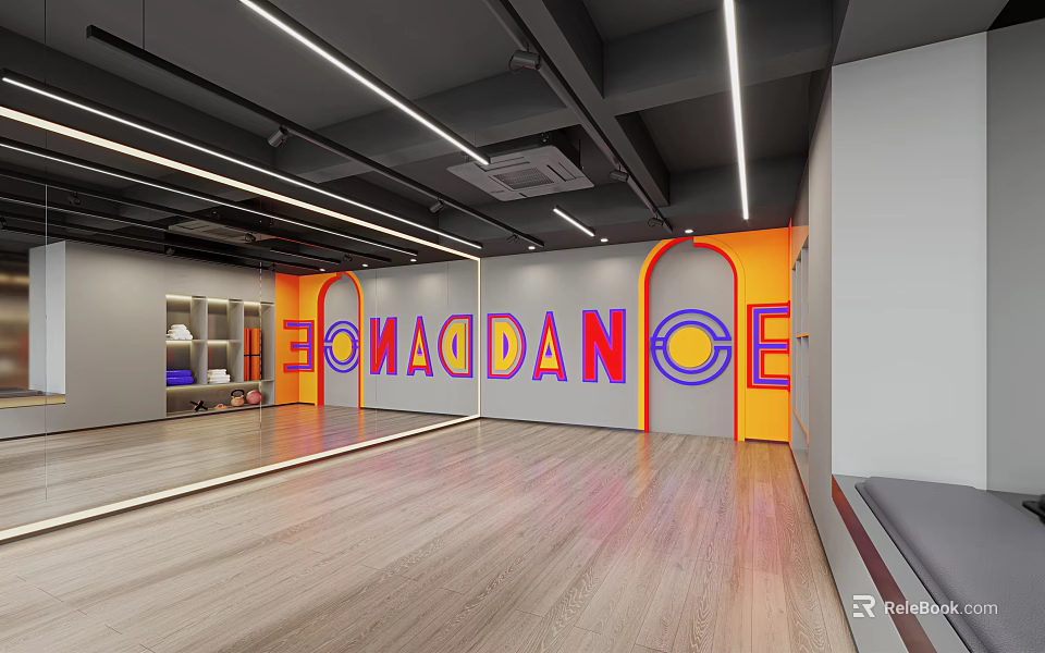Spacious Dance Fitness Studio With Wooden Floor Mirror Walls Orange Gray Decor And Ceiling Lighting 3d model 