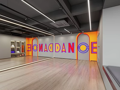 Spacious Dance Fitness Studio With Wooden Floor Mirror Walls Orange Gray Decor And Ceiling Lighting 3d model