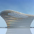 Modern Geometric Architectural Structure With Lattice Design Water Reflection And Blue Sky 3d model