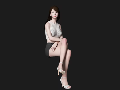 Elegant Woman Sitting In White Top Black Shorts And High Heels On Black Background 3d model