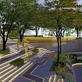 Modern Plaza Landscape Design With Tiered Steps Green Trees And Geometric Ground Pattern