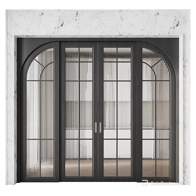 Modern Black Frame Double Sliding Doors With Arched Top Glass Grid Design 3d model 