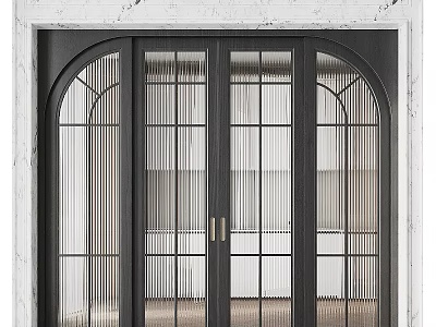Modern Black Frame Double Sliding Doors With Arched Top Glass Grid Design 3d model