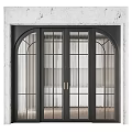 Modern Black Frame Double Sliding Doors With Arched Top Glass Grid Design