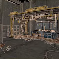 Industrial Workshop Interior With Yellow Overhead Cranes Metal Shelves And Tools