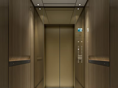 Modern Elevator Interior Design With Wooden Walls Metal Doors Control Panel And Lighting 3d model